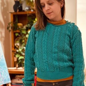 Teal Cable Knit Cottage Core 90s Pullover Sweater